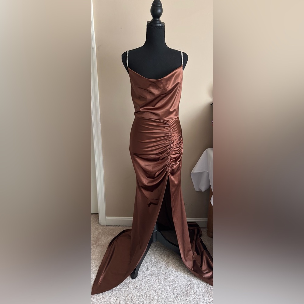 Windsor One Shoulder Brown Satin Dress